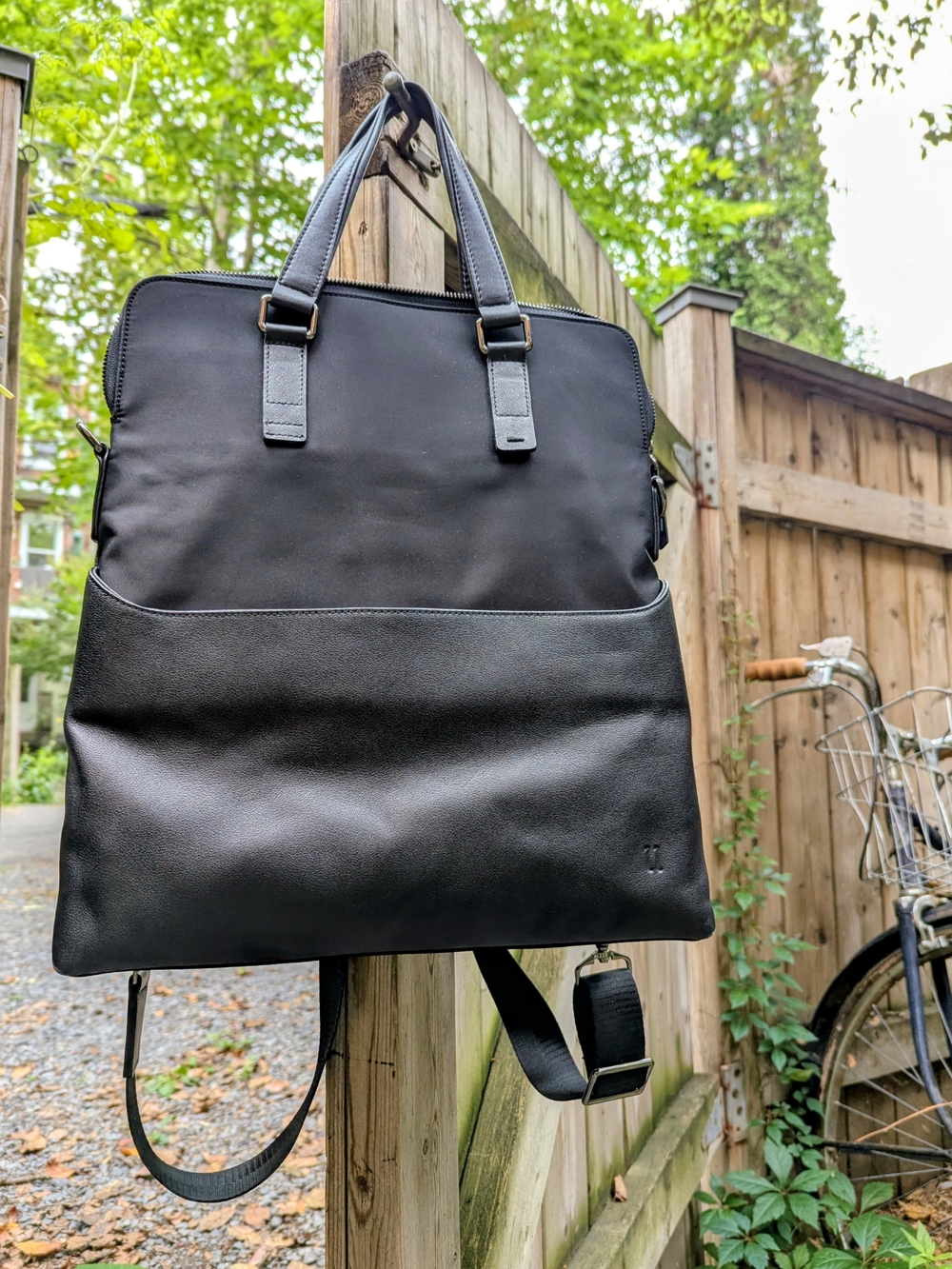 Vera Pelle Black Leather-Trim Convertible Strap Laptop Tote Backpack